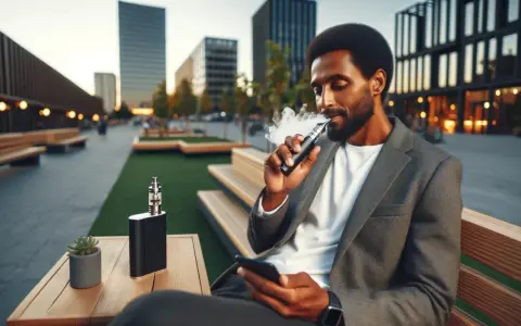 Hombre con traje vapea tranquilamente en un entorno urbano moderno, disfrutando de su mod vape.