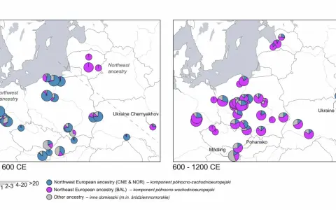 Mapy pokazujące kontaminację genetyczną w Europie Środkowej i Wschodniej między 200-600 a 600-1200 r. n.e.