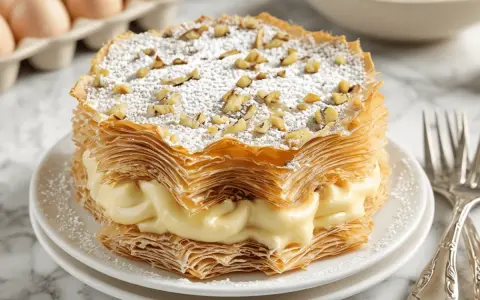 Deliciosa tarta árabe de capas crujientes y crema pastelera, espolvoreada con azúcar glas y nueces picadas.