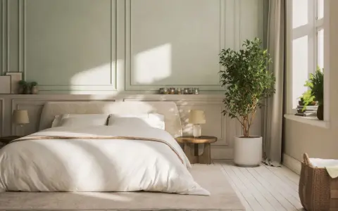 Chambre paisible avec lit douillet, murs aux moulures élégantes et une plante verte. Idée de deco peinture chambre pour une ambiance sereine.