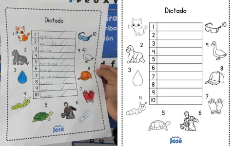 Hoja de dictados cortos con dibujos de animales y objetos. El niño completó la lista de palabras.
