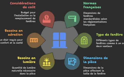 Schéma illustrant les facteurs influençant la forme de fenêtre : coût, aération, lumière, dimensions de la pièce, type et normes françaises.