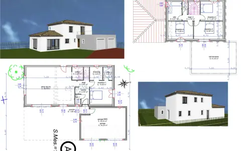 Plan d'une maison modulaire avec garage double, pièce de vie spacieuse, 4 chambres et terrasse sur le toit.