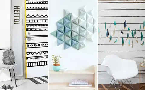 Inspirujące, ciekawe pomysły na robótki ręczne: ozdobione drzwi, geometryczna dekoracja ścienna i piórkowa girlanda.