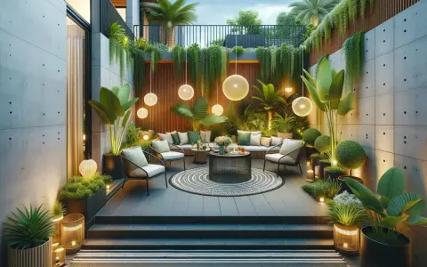 Aménagement d'une terrasse de 30m2 luxuriante avec mobilier confortable, éclairage d'ambiance et végétation tropicale.