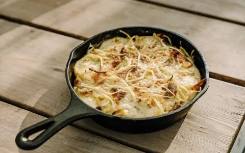 Gratin dauphinois, une spécialité Auvergne, doré et gratiné dans sa poêle en fonte sur une table en bois.