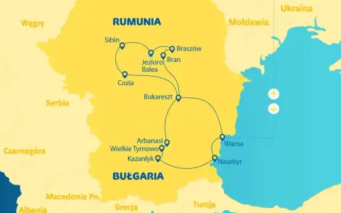 Mapa turystyczna Rumunii i Bułgarii z zaznaczonymi trasami przez góry i miasta. Widoczne lotniska na Morzu Czarnym.