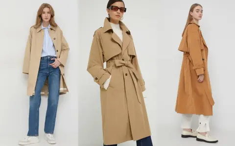 Trzy kobiety prezentują różne modele trenczy – klasyczny beżowy, elegancki camelowy i brązowy.