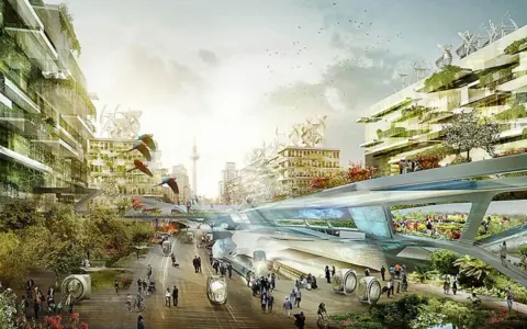 Futuristische autofreie stadt mit grünen Gebäuden, schwebenden Transportmitteln und vielen Menschen, die die Natur genießen.