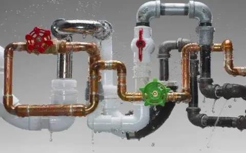 Complejo sistema de varios tipos de tuberías para agua: cobre, PVC, metal y negro, con válvulas rojas y verdes, goteando agua.