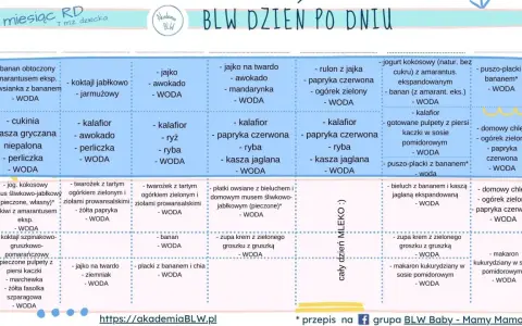 Tabela z propozycjami posiłków na rozszerzanie diety niemowlaka. Tydzień 5 i 6, różne opcje śniadań, obiadów i kolacji.