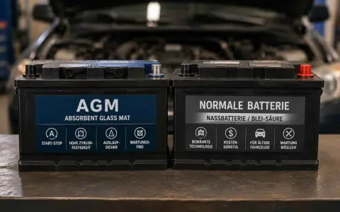 Zwei Autobatterie-Typen: AGM und normale Nassbatterie. Vergleiche ihre Eigenschaften für verschiedene Fahrzeuganforderungen.