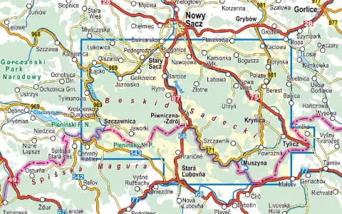Mapa turystyczna **Beskidu Sądeckiego** z zaznaczonymi drogami, miejscowościami i parkami narodowymi.