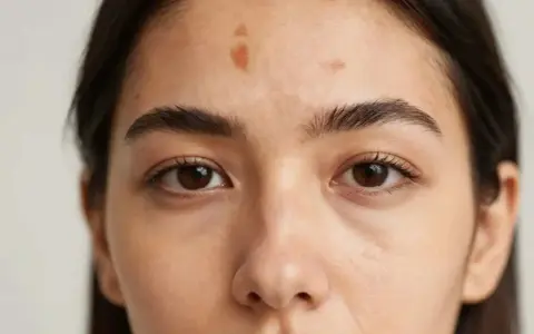 Gros plan sur le front d'une jeune femme, montrant plusieurs taches de soleil, des marques laissées par le soleil.