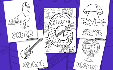 Karty pracy z literą G: gołąb, gitara, grzyb, globus. Kolorowanki dla dzieci.