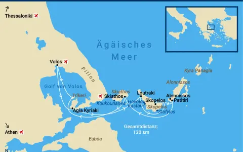 Sporaden Karte: Route von Volos über Skiathos, Skopelos und Alonissos im Ägäischen Meer. Gesamtdistanz 130 sm.