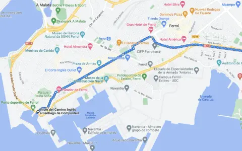 Mapa de Ferrol con el inicio del Camino Inglés a Santiago de Compostela.
