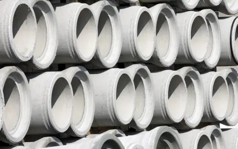 Stos betonu, rury kanalizacyjne 160 mm, gotowe do montażu z zachowaniem minimalny spadek dla rury 160.