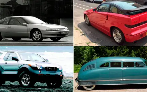 Colección de coches raros: un Subaru SVX plateado, un Alfa Romeo SZ rojo, un Isuzu VehiCROSS y un vehículo futurista azul verdoso.