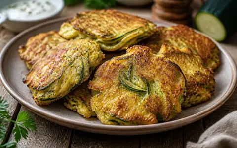Goldbraune zucchini puffer auf einem Teller, mit Kräutern und einem Dip im Hintergrund.