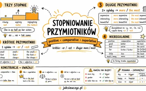 Stopniowanie przymiotników: krótkie (-er/-est), długie (more/most), nieregularne. Dobrze, jaka to część mowy?