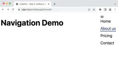 Strona demonstracyjna nawigacji z menu CSS. Widoczny tytuł "Navigation Demo" i lista opcji: Home, About us, Pricing, Contact.