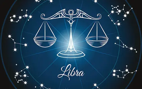Symbol wagi zodiakalnej Waga (Libra) na tle nocnego nieba z konstelacjami.