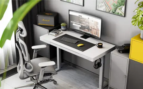 Ergonomiczne biurko do pracy przy komputerze z monitorem, klawiaturą i myszką. Obok stoi wygodny fotel biurowy i szafka z głośnikiem Marshall.