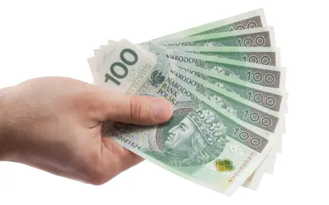Dłoń trzyma kilka banknotów 100 zł. Może to symbolizować pieniądze potrzebne na zachowek od darowizny.