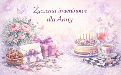 Urocze życzenia imieninowe dla Anny w lipcu. Bukiet róż, tort, prezenty i koszyk truskawek.