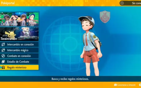 Menú de Pokémon Púrpura: Círculo Unión, Teraincursión, intercambios, combates y la opción de Regalo misterioso para obtener códigos.