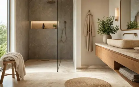 Élégante salle de bain en travertin avec douche à l'italienne, lavabo en pierre naturelle et peignoir suspendu.