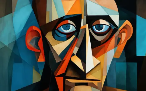 Ansikte i Picasso kubism, fragmenterat i geometriska former och starka färger.