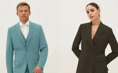 Man in teal single-breasted suit with vest, woman in dark green double-breasted blazer.