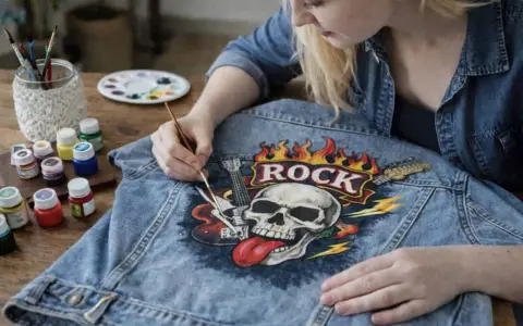 Dziewczyna maluje na dżinsowej kurtce czaszkę z płomieniami i napisem "ROCK". Czy farba akrylowa nadaje się do tkanin? Tak, jak widać na zdjęciu!