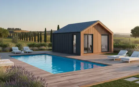 Casa prefabbricata moderna con piscina e vista panoramica. Il costo di una casa prefabbricata può variare, ma questa offre un'oasi di relax.