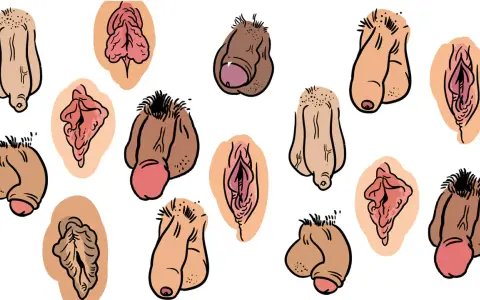 Różnorodne, rysunkowe przedstawienia męskich narządów płciowych, w tym owłosiony penis, w różnych pozach i stylach.