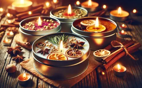 Bougies parfumées à l'huile essentielle, décorées d'agrumes séchés, d'épices et de romarin, sur fond de bois rustique.