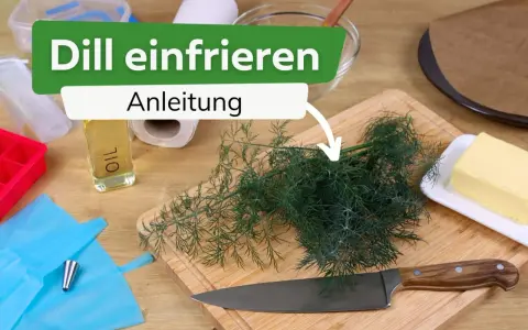 Frischer Dill liegt auf einem Holzbrett, bereit zum Dill einfrieren. Daneben liegen Öl, Butter und Küchenutensilien.