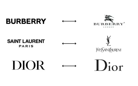 Loghi e monogrammi famosi: Burberry, Saint Laurent Paris e Dior, con le loro icone distintive.