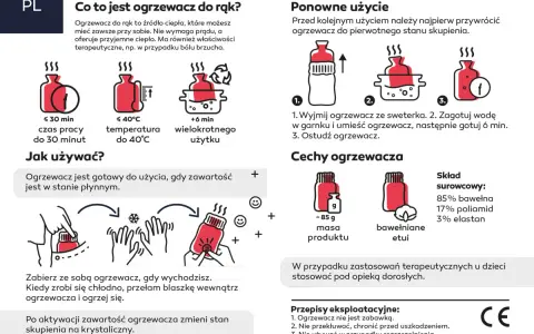 Ogrzewacz do rąk z blaszką: po przełamaniu aktywuje się, zmieniając stan skupienia i dając ciepło. Wielokrotnego użytku, działa do 30 min.