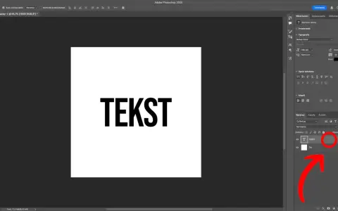 Ekran programu Photoshop z czarnym tekstem "TEKST" na białym tle i panelem warstw.
