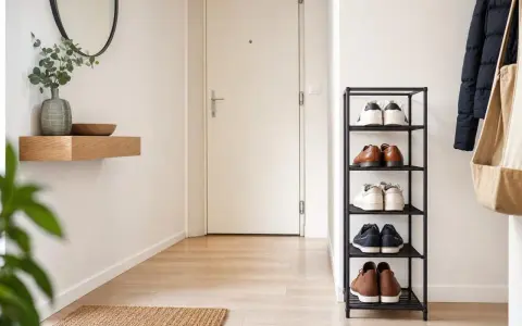 Étagère à chaussures bien rangée, parfaite pour ranger ses chaussures dans un couloir lumineux.