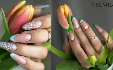 Manicure con fiori stilizzati e french colorato. Semipermanente unghie idee primaverili.