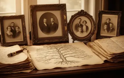 Un arbre généalogique alsacien, entouré de vieilles photos de famille et de documents jaunis, évoque le passé.