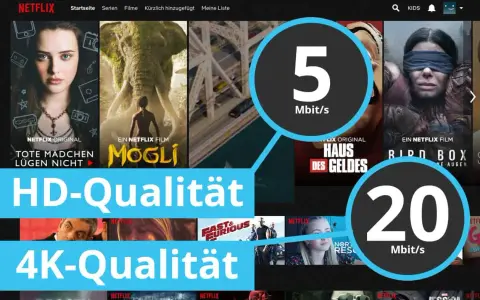 Netflix-Oberfläche mit Filmpostern. Kreise zeigen 5 Mbit/s für HD und 20 Mbit/s für 4K, was auf normale Netzgeschwindigkeit für Streaming hinweist.
