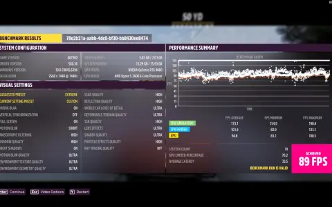 Benchmark-Ergebnisse: hardwarebeschleunigte GPU-Planung zeigt 89 FPS im Spiel. RTX 4060, Ryzen 5 3600.