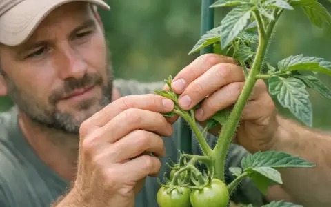 Un jardinier examine une jeune pousse de tomate, s'assurant de la bonne croissance de cette variete de tomate.