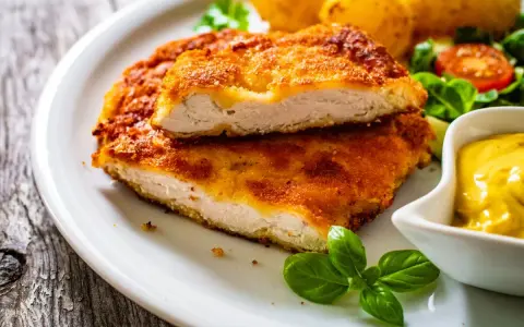 Pyszny kotlet po parysku, chrupiący i złocisty, podany z ziemniaczkami, sałatką i musztardą.
