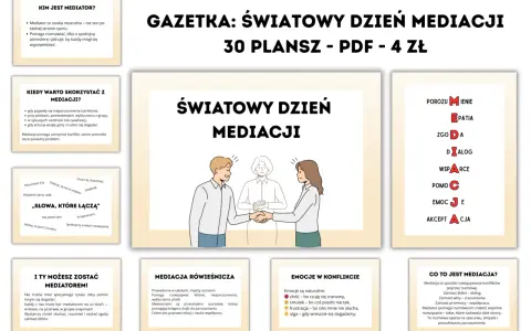 Ilustracja przedstawia mediację: mediator pomaga dwóm osobom w rozwiązaniu konfliktu. Pytania zadawane przez mediatora pomagają w dialogu.